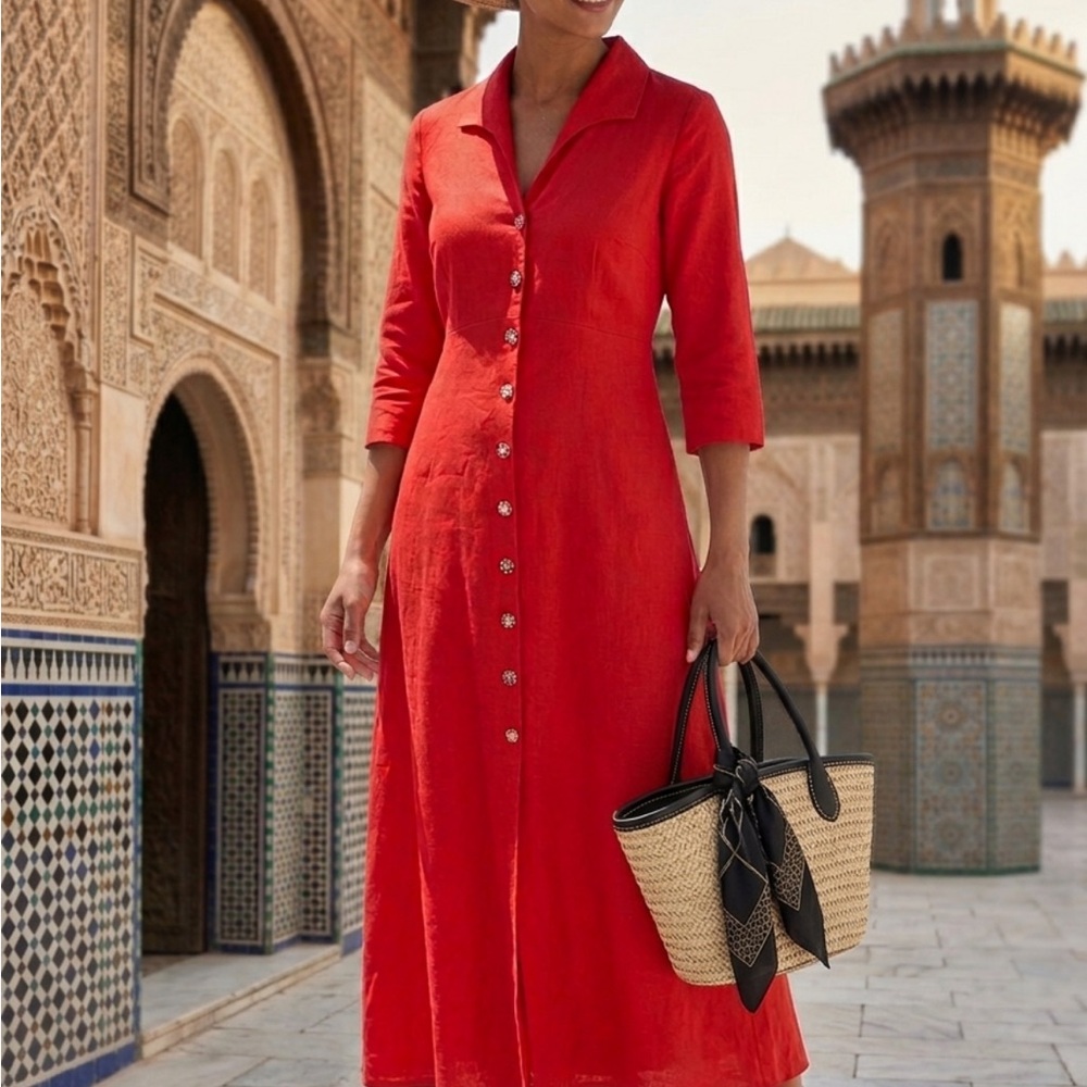 Classic Red Button-Front Maxi Dress